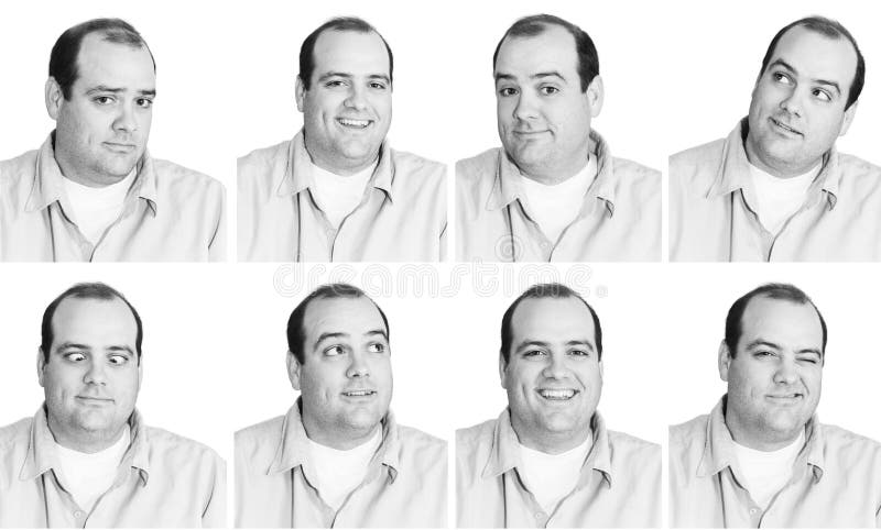 Black and white digital composition of 8 expressions from a man in his mid-thirties. Black and white digital composition of 8 expressions from a man in his mid-thirties.