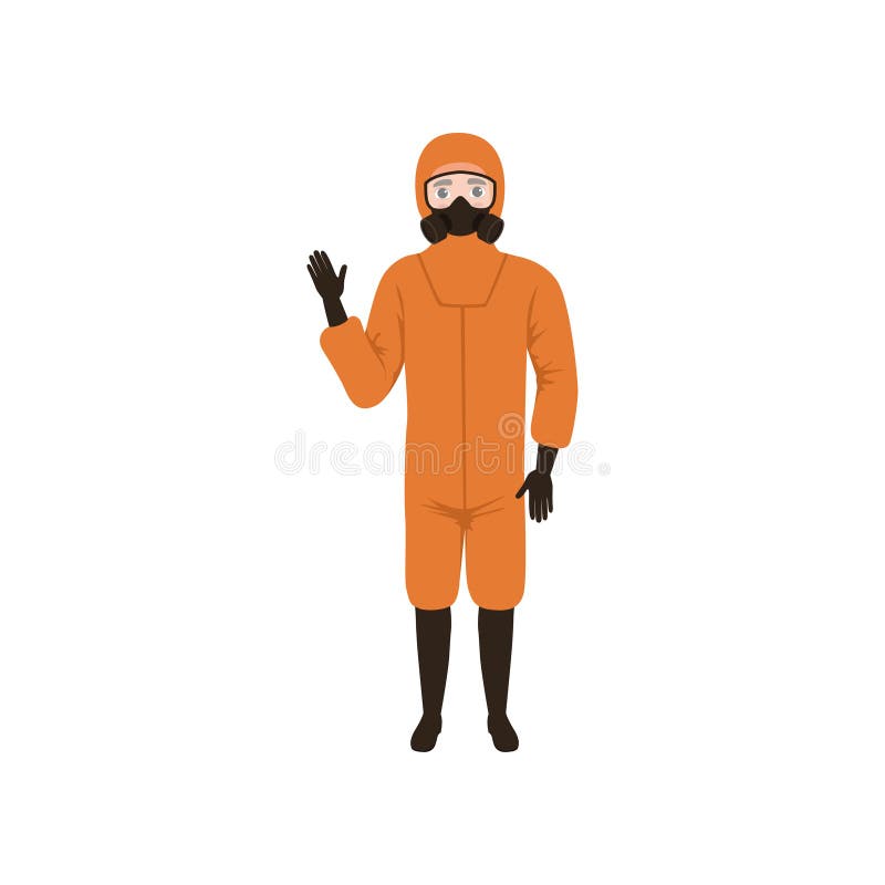 Mens in oranje beschermend kostuum bevindende en golvende hand Bescherming tegen chemisch of biologisch gevaar Vlakke vector vector illustratie Mens in oranje beschermend kostuum bevindende en golvende hand Bescherming tegen chemisch of biologisch gevaar Vlakke vector vector illustratie