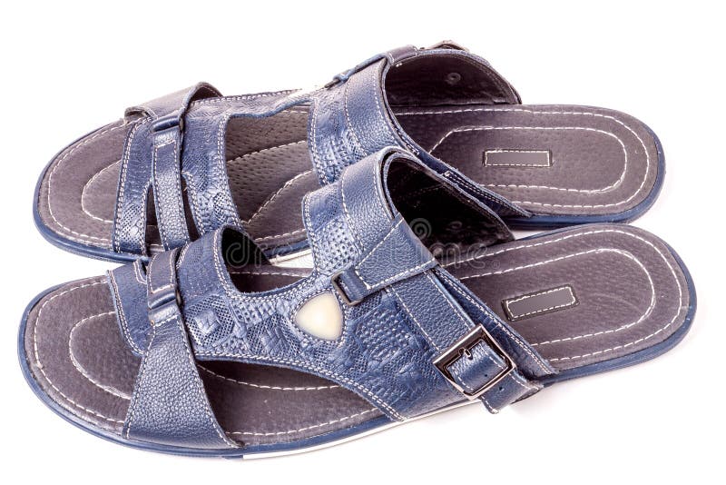 Mens Summer Blue Leather Sandals Isolated on White Background Stock