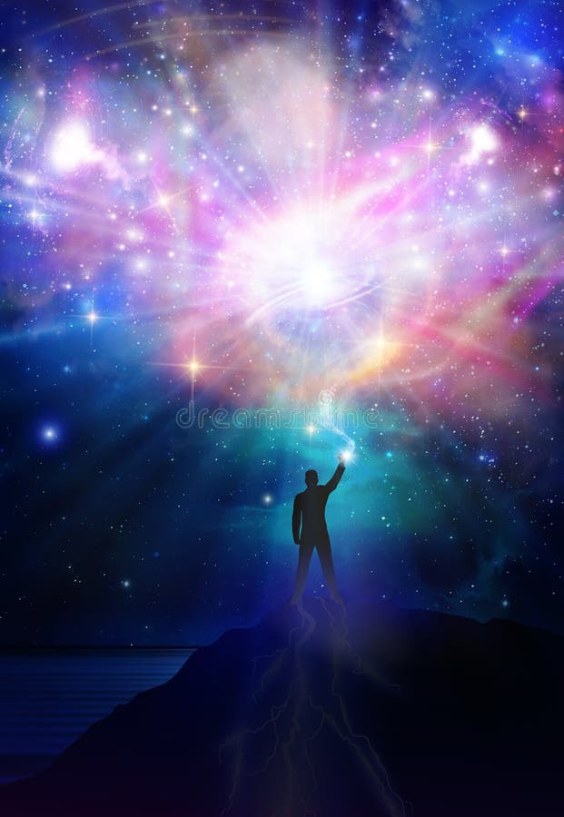 Mens universum meditatie spirituele genezing van het menselijk lichaam energiebundels verbonden met alles