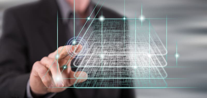 Mens wat betreft een concept van de blockchaintechnologie royalty-vrije stock foto Mens wat betreft een concept van de blockchaintechnologie royalty-vrije stock foto