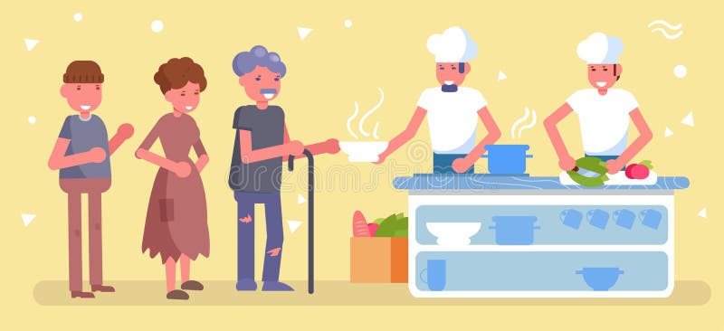 Mensa per il povero, senza tetto, vettore di carità fumetto Distribuzione isolata di arte di alimento al povero illustrazione vettoriale Mensa per il povero, senza tetto, vettore di carità fumetto Distribuzione isolata di arte di alimento al povero illustrazione vettoriale