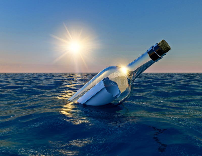 Mensaje en la botella, botella flotando en el océano al atardecer