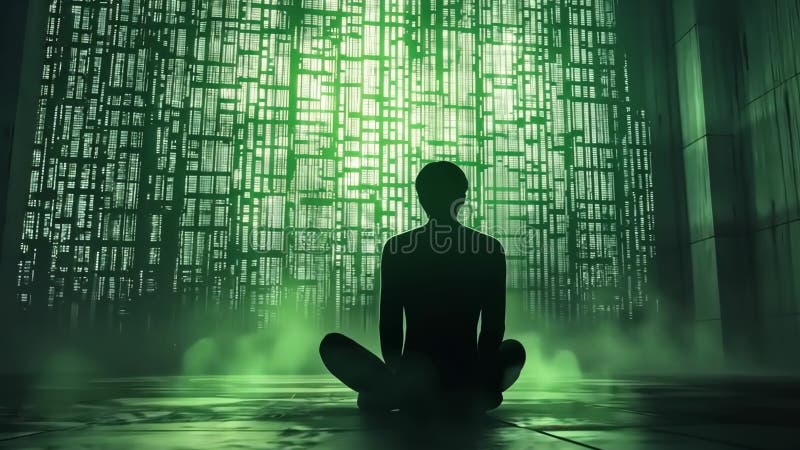 Mensch meditiert in digitaler grüner Matrix vektor abbildung