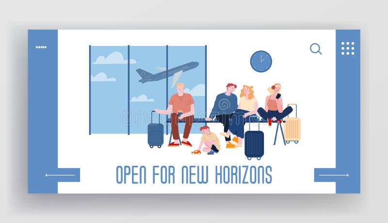 Menschen in Flughafen-verschalender Landungswarteseite Reisende mit den Koffern, die im Anschluss mit Fliegen-Flugzeug sitzen stock abbildung