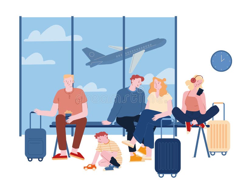 Menschen in Flughafen-Warteeinstieg Vater, Mutter, kleine Sohn-Reisende mit den Koffern, die im Anschluss mit Flugzeug sitzen stock abbildung