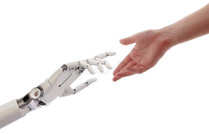 Menschen-und Roboter-Hände, die Illustration des künstliche Intelligenz-Konzept-3d erreichen