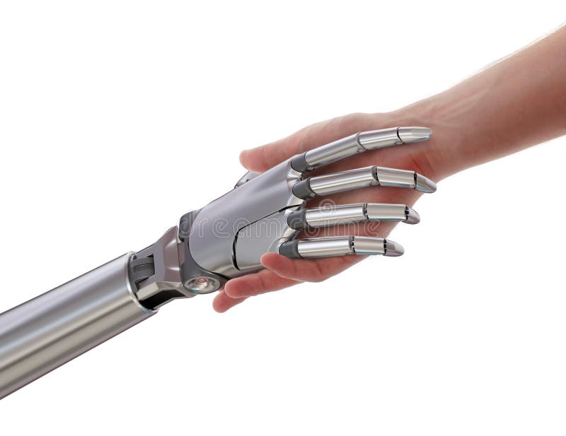 Menschen-und Roboter-Händedruck lokalisiert auf weißer Illustration des Hintergrund-3d lizenzfreie abbildung Menschen-und Roboter-Händedruck lokalisiert auf weißer Illustration des Hintergrund-3d lizenzfreie abbildung