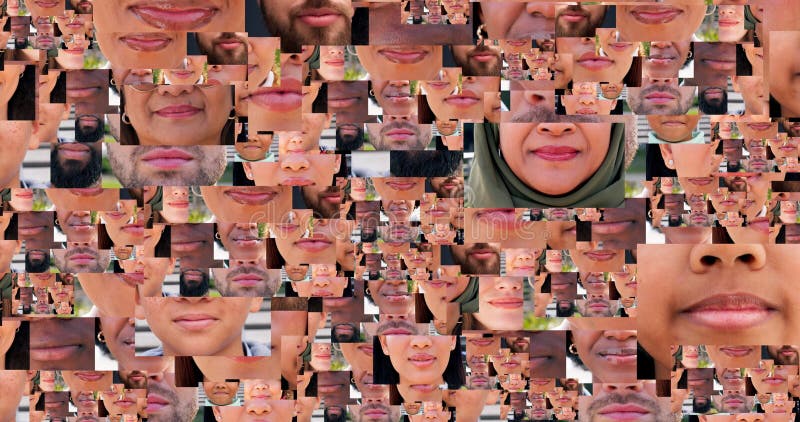 Menschen und Zusammenhalt für Vielfalt mit Solidarität und Inklusivität mit zusammengesetztem. Männer Frauen und Lippen stockbilder