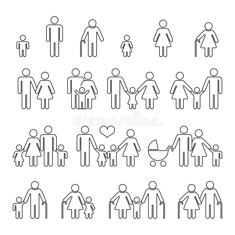 Menschliche dünne Linie Entwurfsvektorikonen der Familie vektor abbildung Menschliche dünne Linie Entwurfsvektorikonen der Familie vektor abbildung