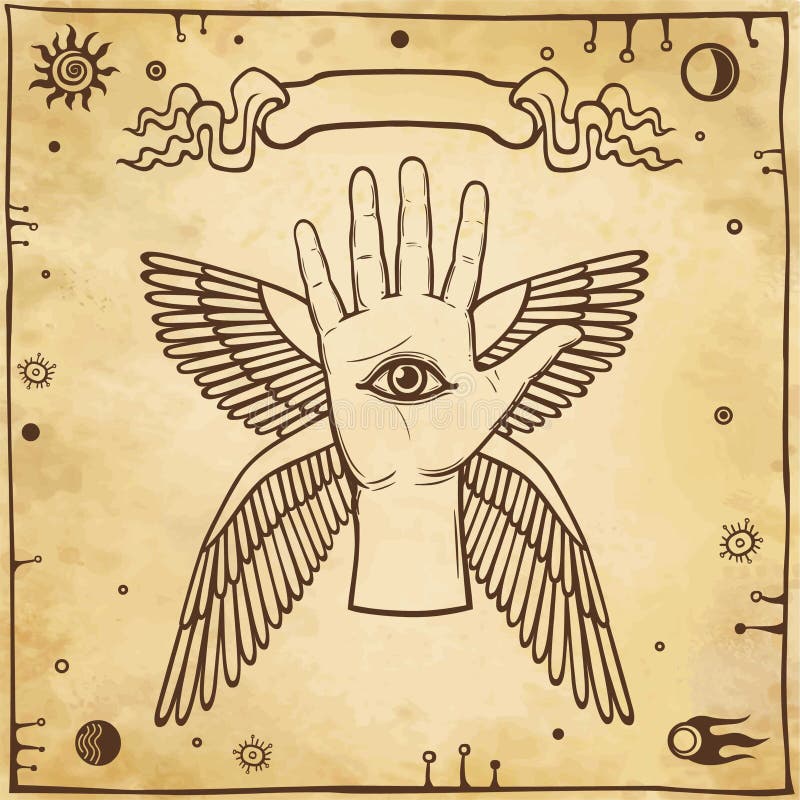 Menschliche geflügelte Hand des mystischen Emblems Symbol eines Engels vektor abbildung Menschliche geflügelte Hand des mystischen Emblems Symbol eines Engels vektor abbildung