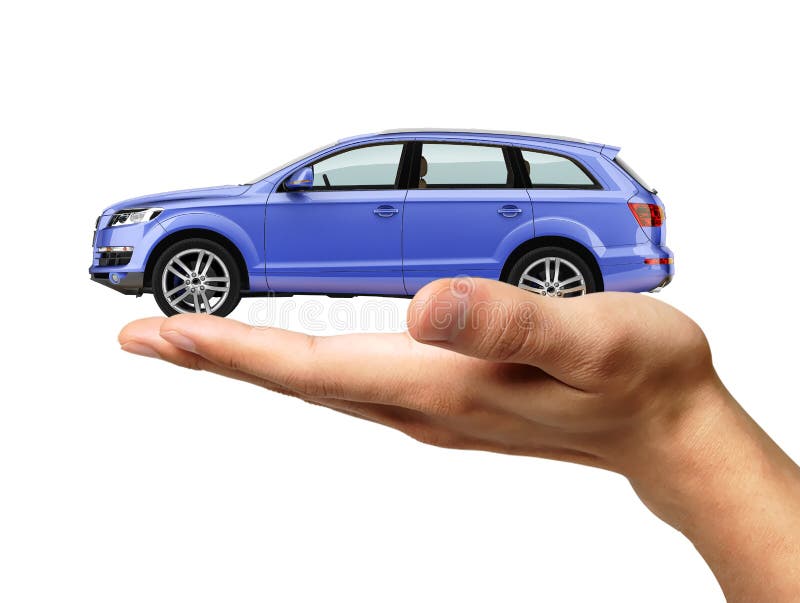 Menschliche Hand mit einem Auto auf der Palme. lizenzfreie stockfotos Menschliche Hand mit einem Auto auf der Palme. lizenzfreie stockfotos
