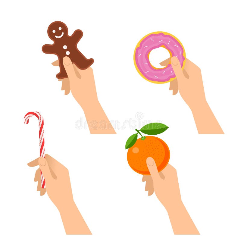 Menschliche Hände halten Weihnachtsplätzchen, Zuckerstange, süßer Donut, Geruch lizenzfreie abbildung Menschliche Hände halten Weihnachtsplätzchen, Zuckerstange, süßer Donut, Geruch lizenzfreie abbildung