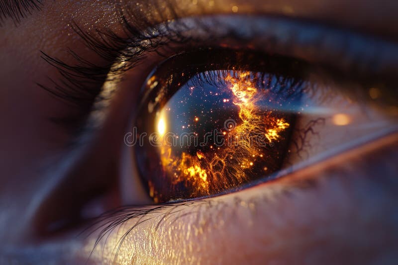 Menschliches Auge, das eine dynamische kosmische Explosion reflektiert stockbilder