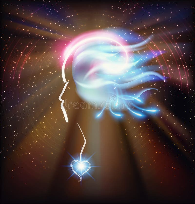 Menschliches Head Universe Inspiration Aufklärung, Diamantenherz, Heilung der blauen Lichtenergie vektor abbildung