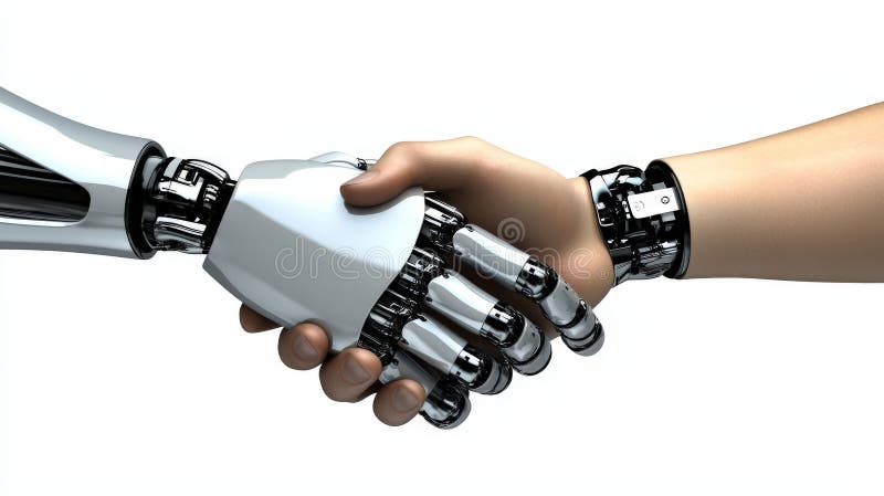 Menschliches und robotisches Handshake, das die menschliche Zusammenarbeit und Zusammenarbeit symbolisiert stockfoto