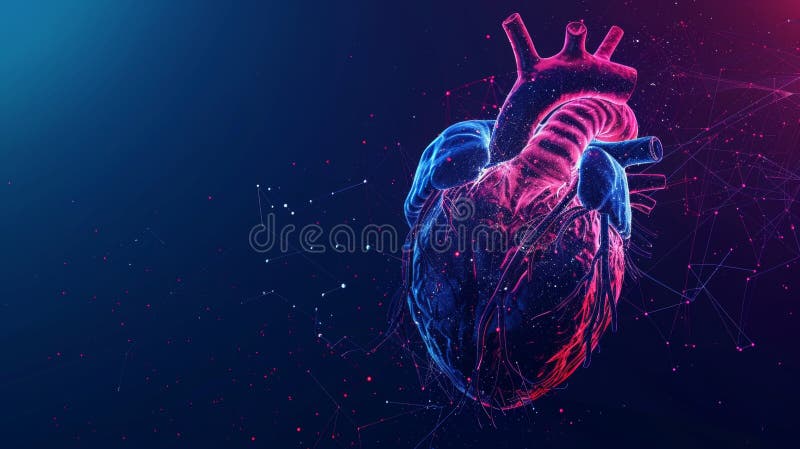 Human heart in blue and red abstract style. Heart anatomy concept in healthcare setting. Geometric background. Wireframe light connections. Modern 3D graphic design. AI generated. Human heart in blue and red abstract style. Heart anatomy concept in healthcare setting. Geometric background. Wireframe light connections. Modern 3D graphic design. AI generated