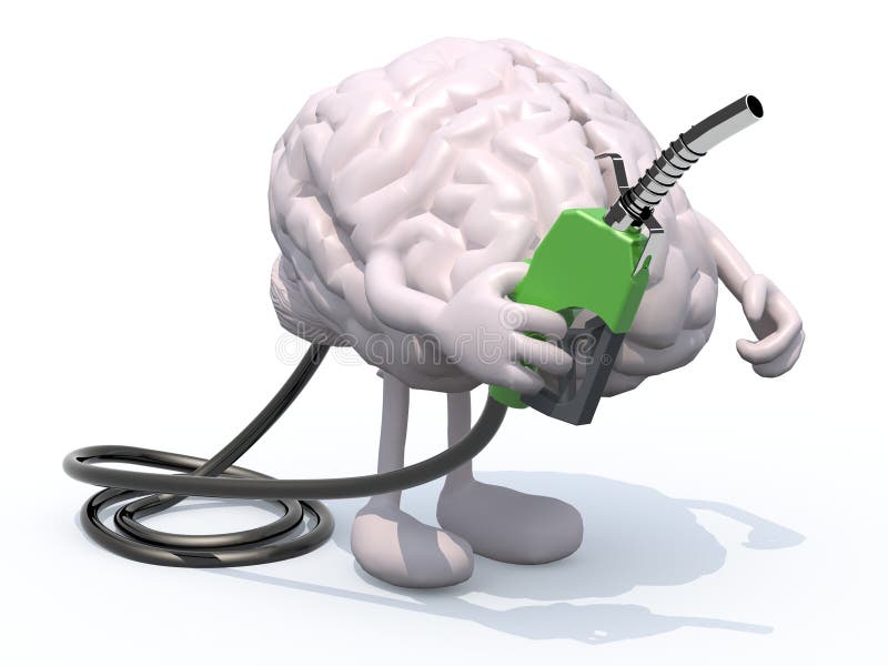 Human brain with arms, legs and fuel pump in hand, 3d illustration. Human brain with arms, legs and fuel pump in hand, 3d illustration