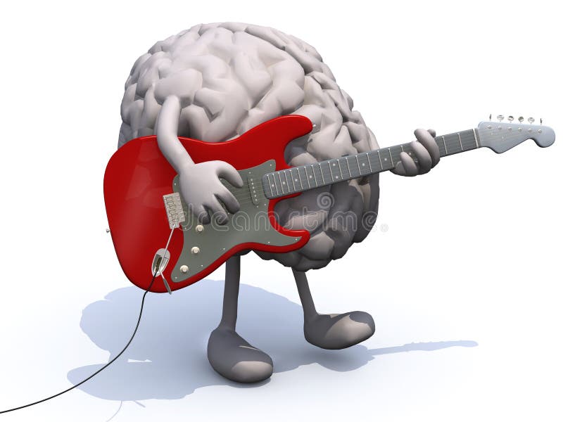 Menselijke hersenen met armen en benen die een gitaar spelen royalty-vrije illustratie Menselijke hersenen met armen en benen die een gitaar spelen royalty-vrije illustratie