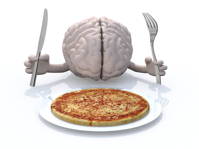 Menselijke hersenen met handen, vork en mes voor een pizzaschotel stock illustratie Menselijke hersenen met handen, vork en mes voor een pizzaschotel stock illustratie
