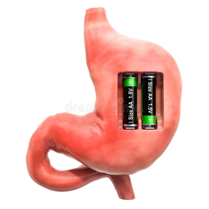 Menselijke maag met batterijen Terugwinning en behandelingsconcept het 3d teruggeven stock illustratie Menselijke maag met batterijen Terugwinning en behandelingsconcept het 3d teruggeven stock illustratie