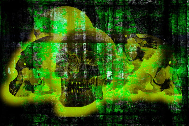 Menselijke schedels in de groene gloed op de grijze achtergrond Dag van de Dead Dia de los Muertes, abstract concept royalty-vrije illustratie Menselijke schedels in de groene gloed op de grijze achtergrond Dag van de Dead Dia de los Muertes, abstract concept royalty-vrije illustratie