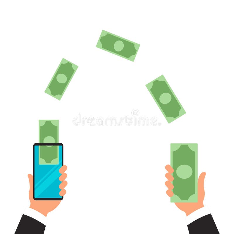 Mensen die en geldradio met hun mobiele telefoons verzenden ontvangen Hand die slimme telefoon met bankwezenbetaling app onttrekk