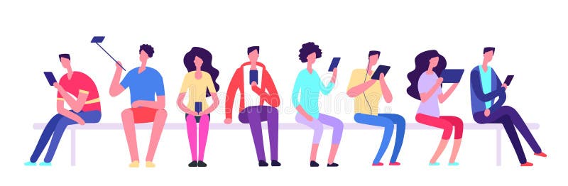Mensen die met gadgets op bank zitten Mannen en vrouwen met de vergadering van de celtelefoon openlucht De vectorkarakters van de stock illustratie Mensen die met gadgets op bank zitten Mannen en vrouwen met de vergadering van de celtelefoon openlucht De vectorkarakters van de stock illustratie