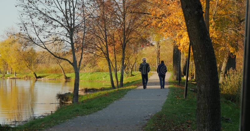 Mensen die met het genieten van van rustig parkgebladerte door meer tijdens de herfst lopen