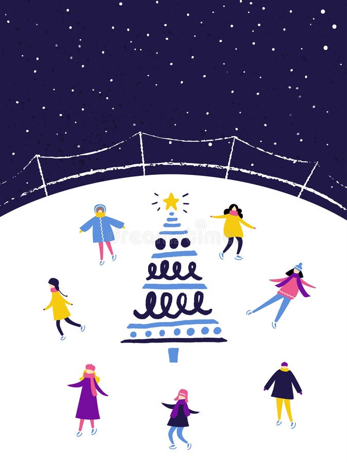 Mensen die op ijsbaan in de avond dichtbij de verfraaide Kerstmisboom schaatsen De winterscène, vlakke illustratie royalty-vrije illustratie Mensen die op ijsbaan in de avond dichtbij de verfraaide Kerstmisboom schaatsen De winterscène, vlakke illustratie royalty-vrije illustratie