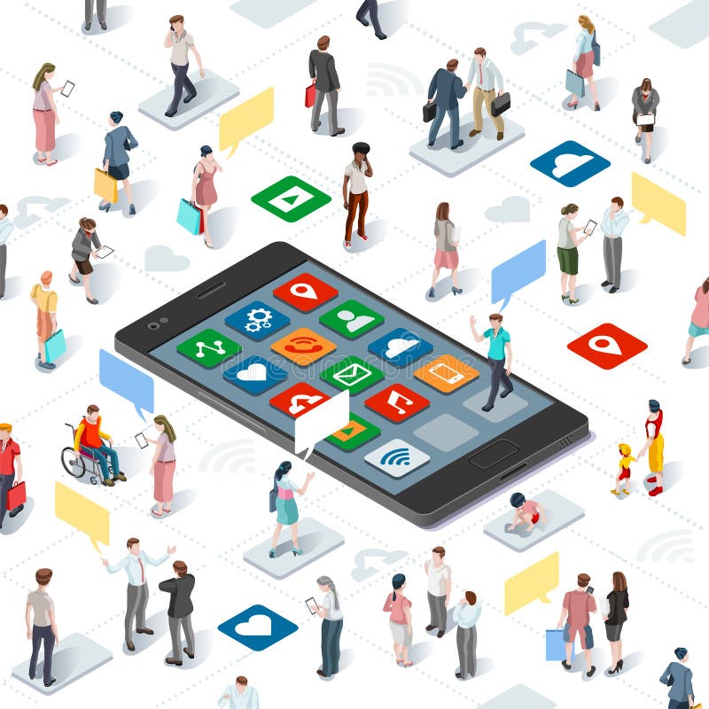 Mensen die Smartphone Vector Isometrische Infographic verbinden stock illustratie Mensen die Smartphone Vector Isometrische Infographic verbinden stock illustratie
