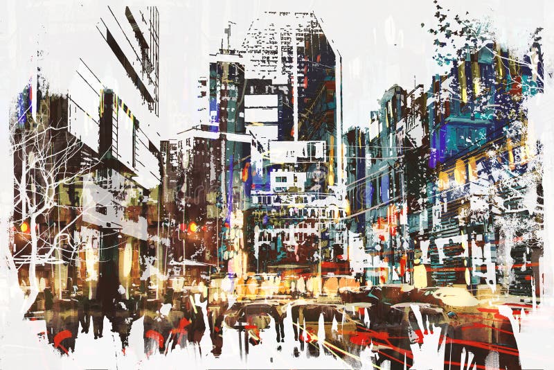 Mensen die in stad met samenvatting lopen die grunge schilderen vector illustratie Mensen die in stad met samenvatting lopen die grunge schilderen vector illustratie