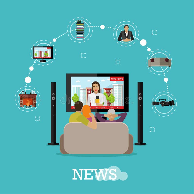 Mensen die thuis stads op nieuws op TV letten Concepten Vectorillustratie in vlak stijlontwerp vector illustratie Mensen die thuis stads op nieuws op TV letten Concepten Vectorillustratie in vlak stijlontwerp vector illustratie