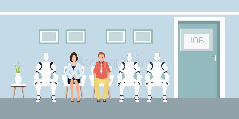 Mensen en Robotrij die op Baangesprek op Kantoor wachten vector illustratie Mensen en Robotrij die op Baangesprek op Kantoor wachten vector illustratie