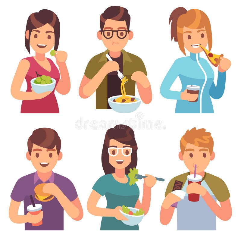 Mensen het eten Eet drinkende voedselmannen van de de maaltijdkoffie van vrouwen gezonde smakelijke schotels toevallige de lunch
