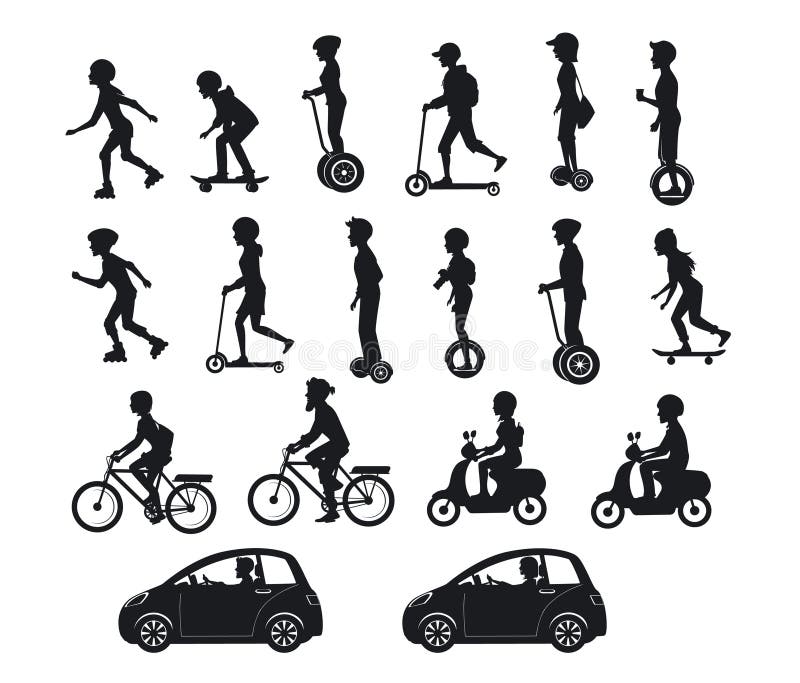 Mensen, mannen en vrouwen die moderne elektrische autopedden, auto's, fietsen, segway skateboards berijden, hoverboard royalty-vrije illustratie Mensen, mannen en vrouwen die moderne elektrische autopedden, auto's, fietsen, segway skateboards berijden, hoverboard royalty-vrije illustratie