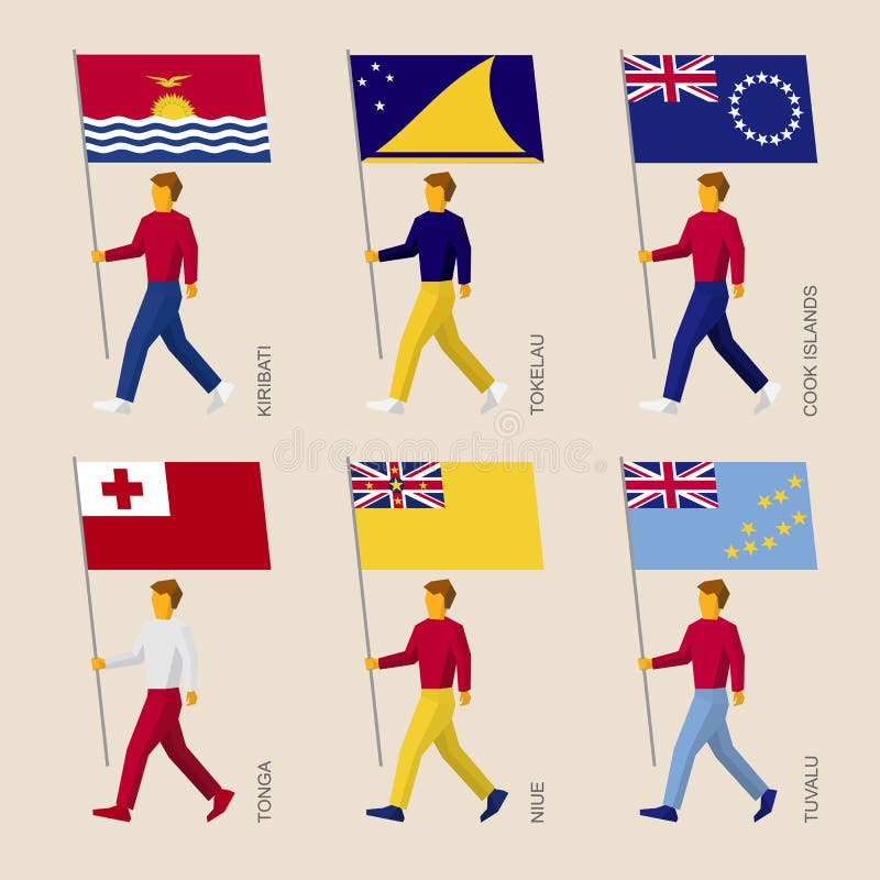 Mensen met vlaggen - Kiribati, Tokelau, Cook Islands, Tonga, Niue, Tuvalu royalty-vrije illustratie Mensen met vlaggen - Kiribati, Tokelau, Cook Islands, Tonga, Niue, Tuvalu royalty-vrije illustratie