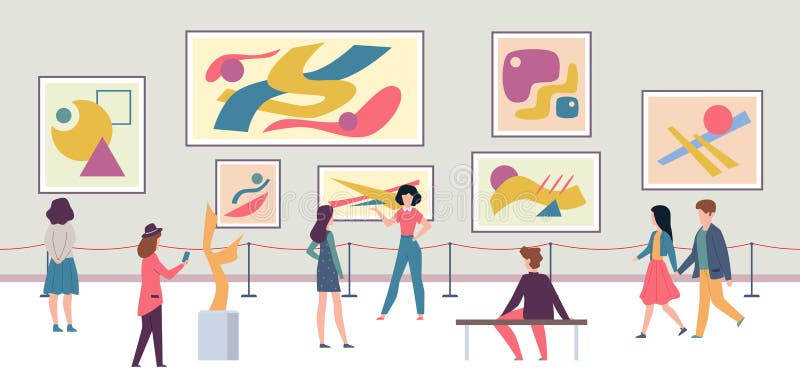 Mensen op de tribune Toeristen lopen en de modestand van de expo met kunstwerken of tentoonstellings abstracte het vectorconcept royalty-vrije illustratie Mensen op de tribune Toeristen lopen en de modestand van de expo met kunstwerken of tentoonstellings abstracte het vectorconcept royalty-vrije illustratie