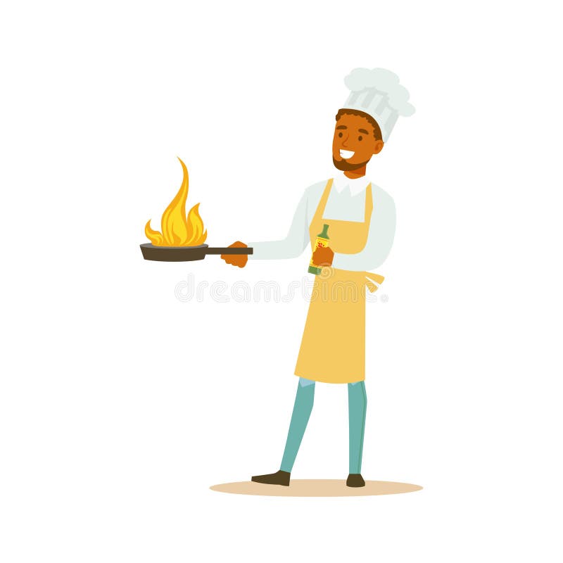 Mensen Professionele Kokende Chef-kok Working In Restaurant die Klassieke Traditionele Eenvormig met het Branden van Bradend Pan royalty-vrije illustratie Mensen Professionele Kokende Chef-kok Working In Restaurant die Klassieke Traditionele Eenvormig met het Branden van Bradend Pan royalty-vrije illustratie