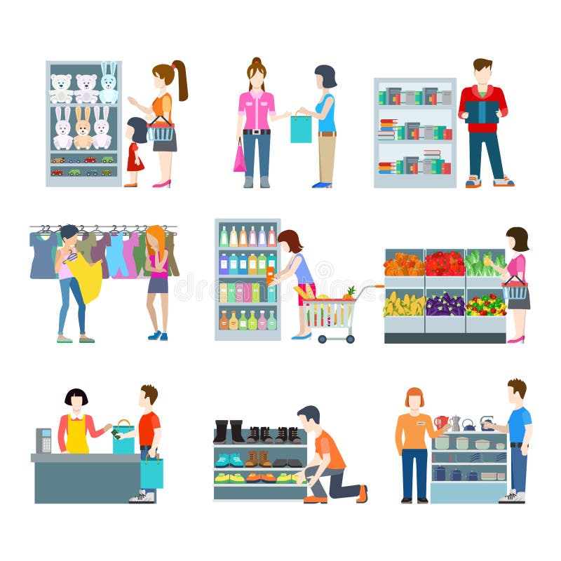 Platte iconenset van mensen in een winkelcentrum royalty-vrije illustratie