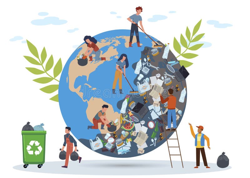 Mensen schone planeet. aarde in een berg afval uit plastic flesjes afvalschotels voor vrouwen en de mens schont aarde uit