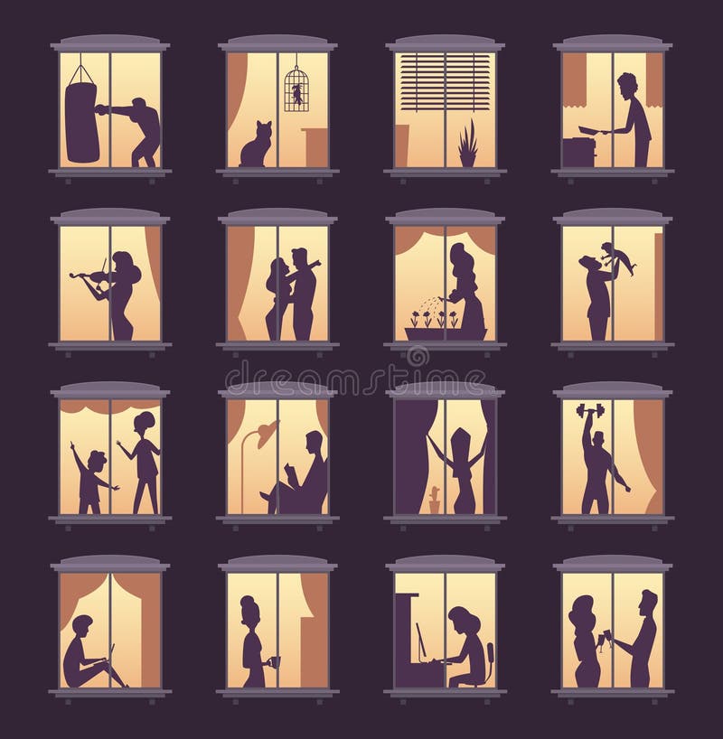 Mensen venstersilhouettes. verlichting in appartementengebouwen voor nachtelijke woningen vectormateriaal silhouettes