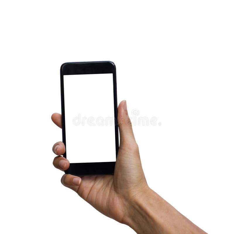 Mensenhand die zwarte smartphone met het witte omhoog scherm voor spot houdt stock afbeeldingen Mensenhand die zwarte smartphone met het witte omhoog scherm voor spot houdt stock afbeeldingen