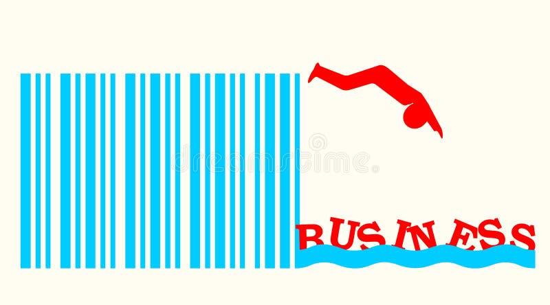 Mensensilhouet die van streepjescodespringplank duiken in bedrijfswateren royalty-vrije illustratie Mensensilhouet die van streepjescodespringplank duiken in bedrijfswateren royalty-vrije illustratie