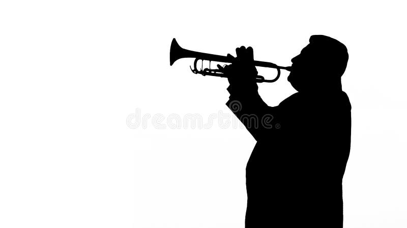 Mensensilhouet het spelen trompet op witte achtergrond stock foto's Mensensilhouet het spelen trompet op witte achtergrond stock foto's
