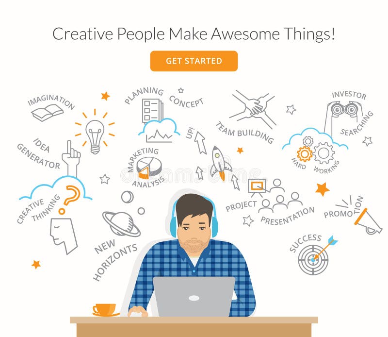 Mensenzitting bij zijn het werkbureau en de planning van een projectopstarten vector illustratie Mensenzitting bij zijn het werkbureau en de planning van een projectopstarten vector illustratie