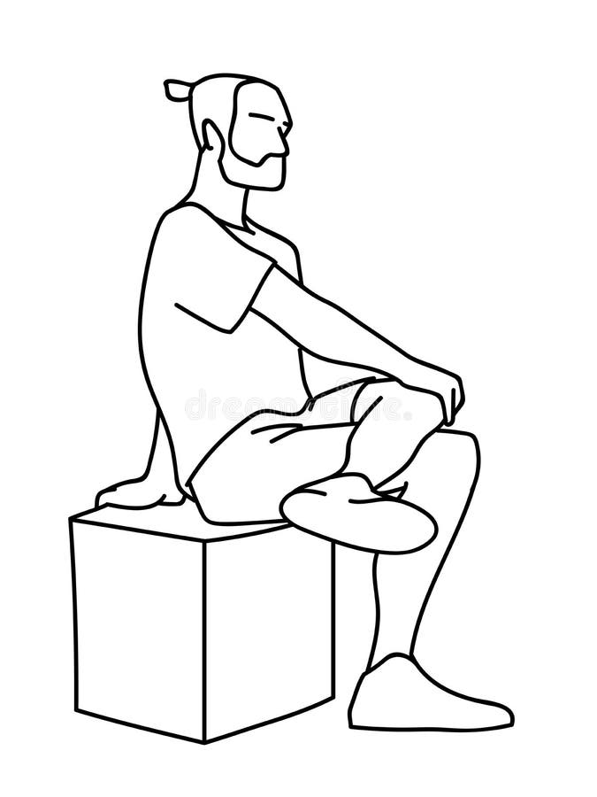 Mensenzitting op kubus met één voet omhoog op knie Zwarte die lijnen op witte achtergrond worden geïsoleerd Concept Vector illust royalty-vrije illustratie Mensenzitting op kubus met één voet omhoog op knie Zwarte die lijnen op witte achtergrond worden geïsoleerd Concept Vector illust royalty-vrije illustratie