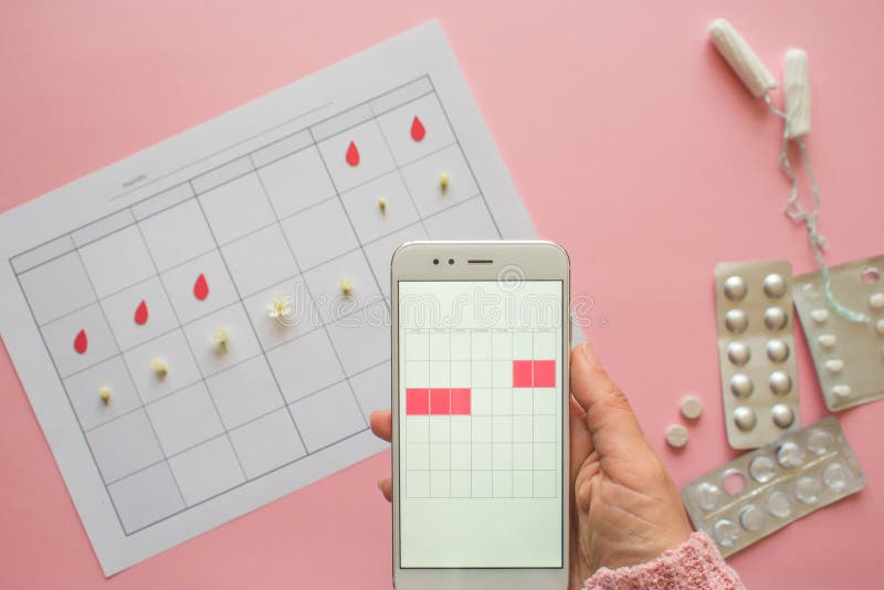 Menstrual cycle. Calendar for the month with marks and a mobile application on the smartphone screen. royalty free stock images