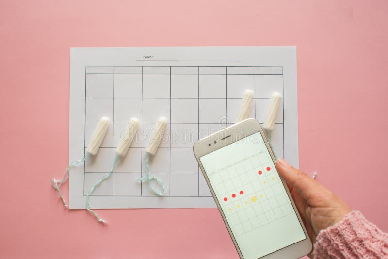 Menstrual cycle. Calendar for the month with marks and a mobile application on the smartphone screen. royalty free stock image