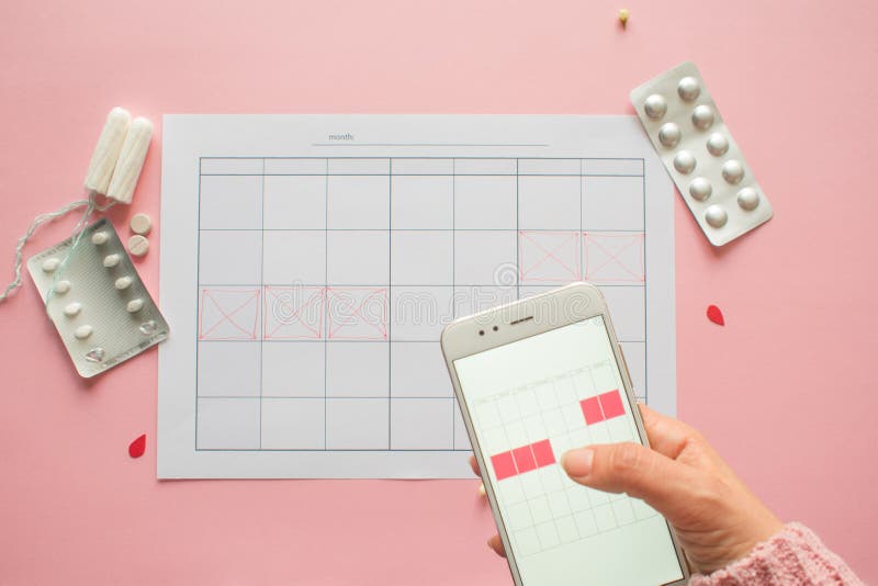 Menstrual cycle. Calendar for the month with marks and a mobile application on the smartphone screen. royalty free stock photo